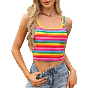 INSPIRE CHIC Women's Summer Striped Colorful Square Neck Slim Fit Sleeveless Crop Tank Tops - 1 of 4