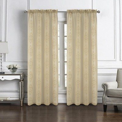 RT Designers Collection Andrea 2 Pieces 1.5" Rod Pocket Damask Embroidery Metallic 36" x 84" Taupe