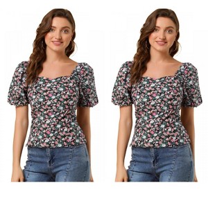 Allegra K Women's Puff Sleeve Square Neck Peasant Floral Blouse 2 Packs - 1 of 4