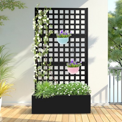 TOAOTBNBO Metal Raised Garden Bed with Square-Hole Trellis, Outdoor Planter Box for Climbing Plants, Galvanized Garden Box with Drainage Holes