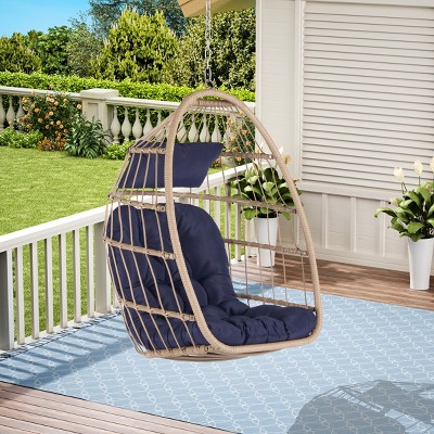 Outdoor Garden Rattan Egg Swing Chair,Hammock Chair With Waterproof Fabric Cushion And Metal Frame,Patio Lounge Hanging Chair-Coolbibila