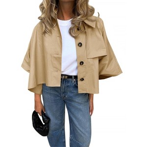 Imily Bela Womens Oversized 3/4 Cape Sleeve Cropped Trench Coat Single Breasted Button Up Jacket - 1 of 4