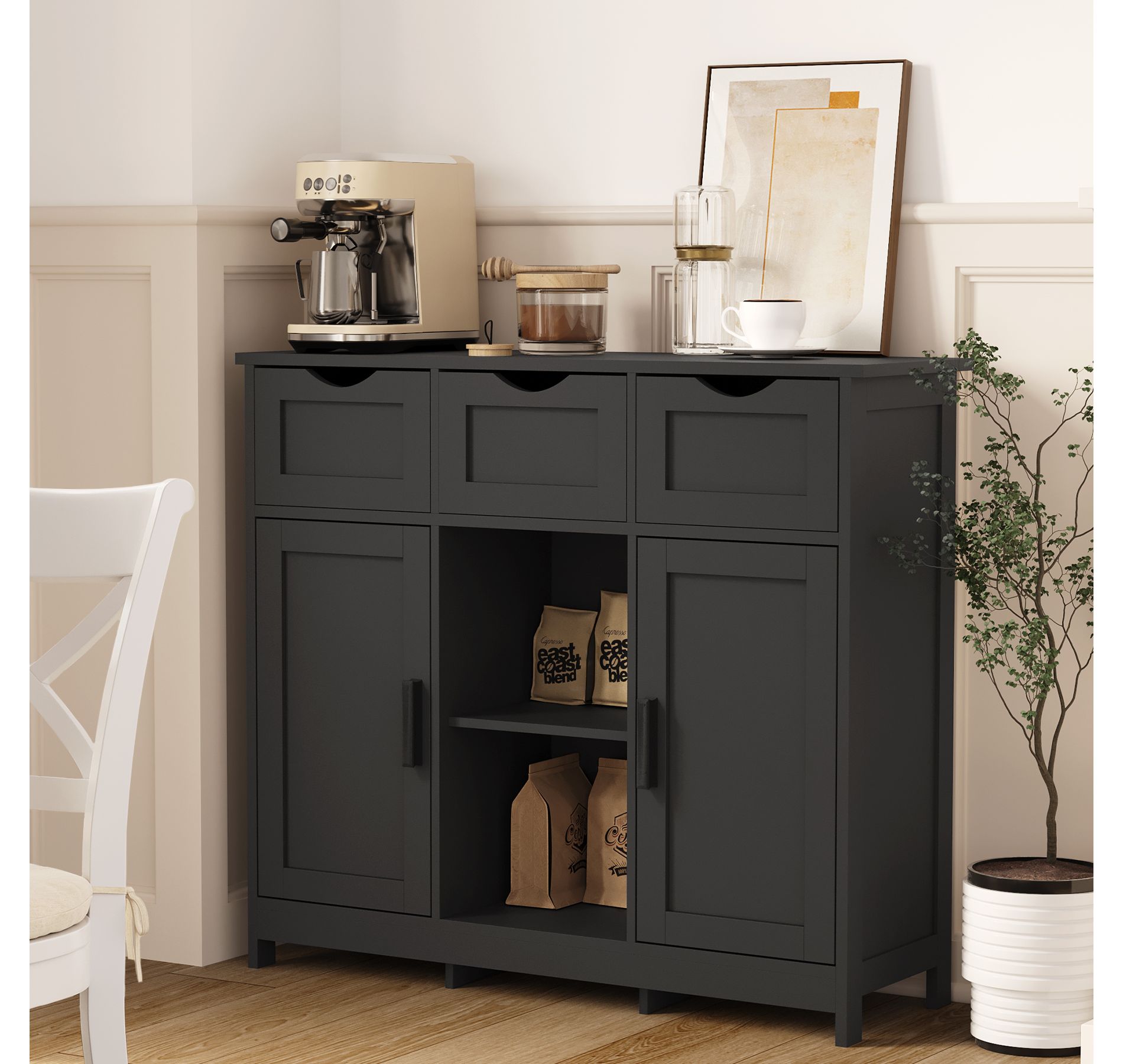 KWPZQEB Farmhouse Storage Cabinet, Wooden Storage Organizer with 3 Drawers, 2 Barn Door & Open Shelve, Accent Cabinet for Bathroom,Kitchen,Living Room