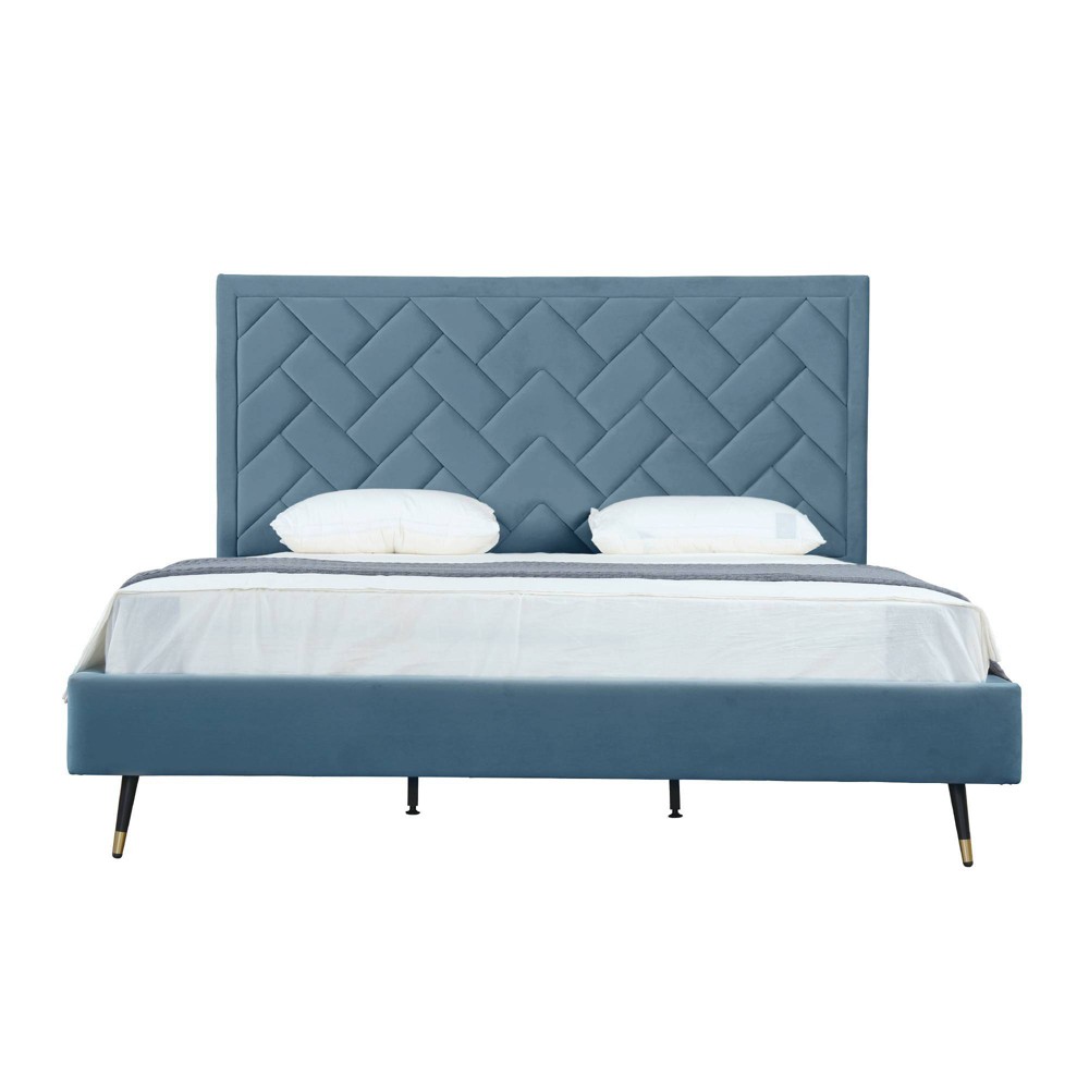 Photos - Bed Manhattan Comfort King Crosby Modern Velvet Upholstered  Blue: Eucalyptus Frame, Foam Fill, No Box Spring Needed