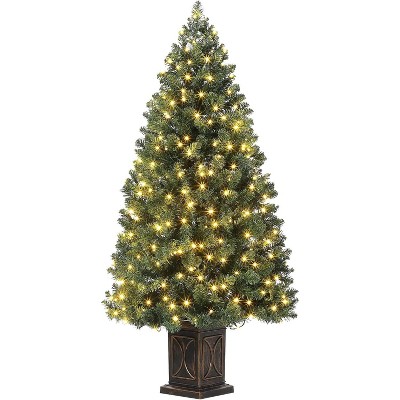 4.5 Ft Artificial Fiber Optic Christmas Tree, Pre-Lit Christmas Tree with 300 Led Lights, 8 Lighting Modes, Metal Hinges & Black Base, Green