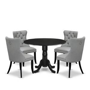 East West Furniture, 5 Piece Dining Table Set Includes a Round Solid Wood Table with Dropleaf and 4 Upholstered Chairs, Black - 1 of 4