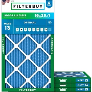 Filterbuy 16x25x1 Air Filter (4-Pack), Pleated MERV 13 Health Defense Replacement HVAC AC Furnace Filters (Actual Size: 15.50 x 24.50 x 0.75) - 1 of 4