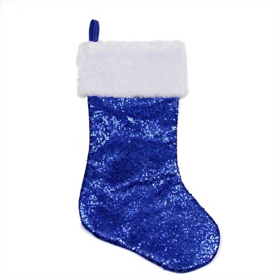 Northlight 18" Shiny Metallic Royal Blue Sequined Christmas Stocking with White Faux Fur Cuff