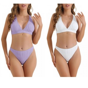 INSPIRE CHIC Women's V Neck Crisscross Back Drawstring Triangle Bottoms Swimwear Bathing Bikini Suits 2 Sets - 1 of 4