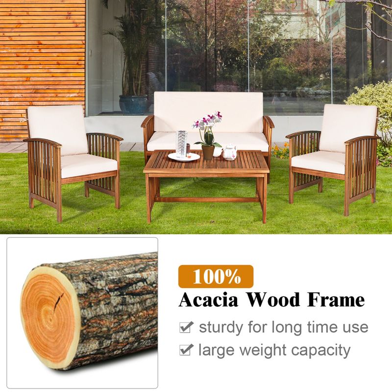 Costway 4PCS Patio Solid Wood Furniture Set Conversation Coffee Table W/White Cushion, 5 of 11