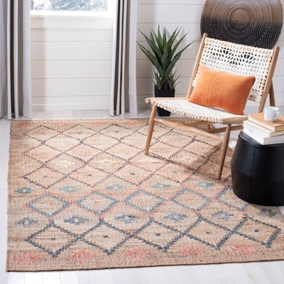 Handmade Natural and Blue Geometric Wool Cotton Area Rug