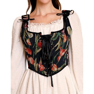 KOJOOIN Women's Vintage Floral Corset Lace-Up Fishbone Print Vest Renaissance pirate costume Black tulip L - 1 of 4