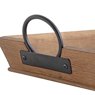 Rustic Brown 17'' Solid Rubberwood Decorative Tray with Metal Ring Holders