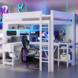 TIRAMISUBEST Full Size Gaming Loft Bed with Bulit-in Desk, Storage Shelves and LED Light, Wood Loft Bedframe with USB Charging Station - 1 of 4