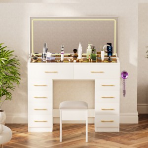 46" Modern Vanity Desk with Lighted Mirror, Glass Top, Power Outlet and 10 Drawers, Makeup Table with Stool for Bedroom - 3irtyhousy - 1 of 4