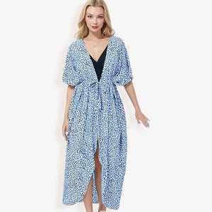 Anna-Kaci Swim Women's Long Leopard Print DusterCover Up with Wide Sleeves and Open Front- One Size Fits Most, Blue - 1 of 4