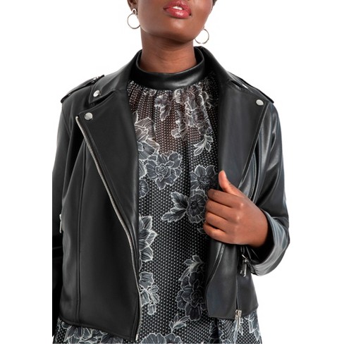 Women's Plus Size Faux Leather Moto Jacket, 18/20 Black :