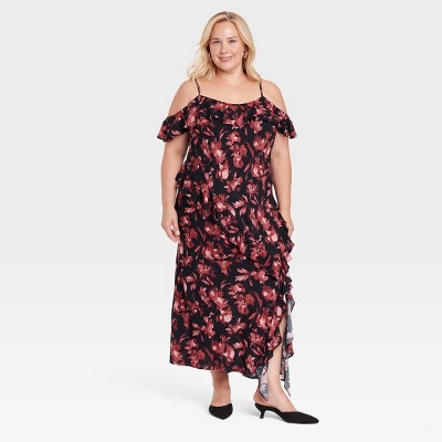 Women's Cold Shoulder Midi Dress - A New Day™ Black/Red Floral
