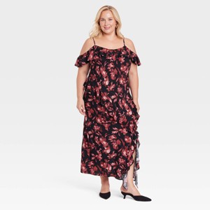 Women's Cold Shoulder Midi Dress - A New Day™ Black/Red Floral - 1 of 3