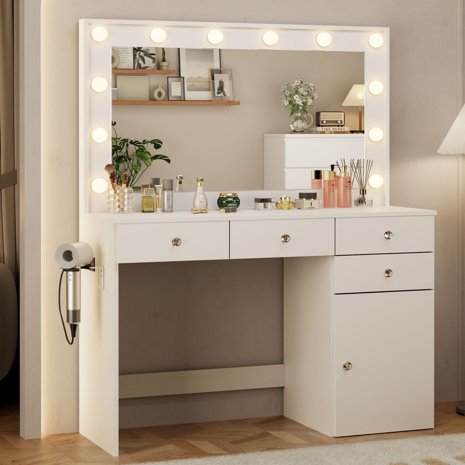 41.4" Makeup Vanity Desk with 4 Drawers and Large Cabinet, 3 Lighting Modes Adjustable Brightness,White