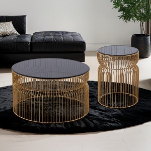 Metal Frame Modern 2-Piece Coffee and End Table Set with Tinted Tempered Glass Top for Living Room - 1 of 4