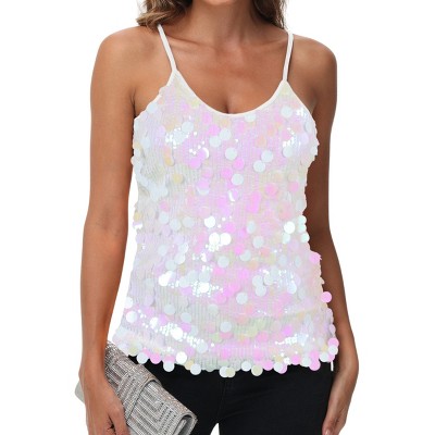 Anna-Kaci Women's Sequin Spaghetti Strap Tank Top with Iridescent Disc Accents