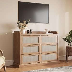 Farmhouse 6 Drawer Dresser, Rattan Chest of Drawers with Spacious Tabletop & Raised Edges, Compact Wood Storage Organizer - 1 of 4