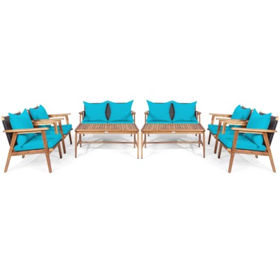 Tangkula 8PCS Patio Rattan Furniture Set Wood Frame Cushioned Sofa with Coffee Table Sectional Conversation Sofa Set for Garden Turquoise/Navy/Brown/Red