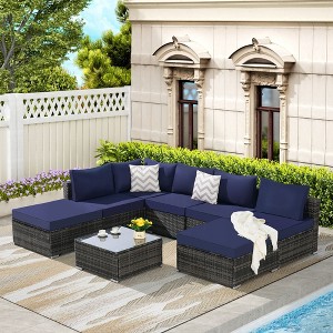 8 Pieces Outdoor Patio Sectional Sofa Couch Wicker Furniture Conversation Sets with Washable Cushions and Glass Coffee Table - 1 of 4