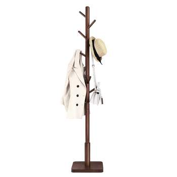 VASAGLE 8 Hooks Solid Wood Coat Rack Wood Hall Tree Coat Rack Stand with Stable Square Base 3 Height Options Office Dark Walnut