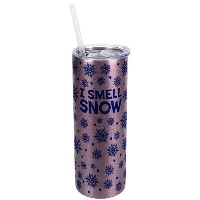 Elanze Designs Blue Snowflake Pattern Rose Gold 20 Ounce Double Wall Stainless Steel Glitter Travel Tumbler With Sliding Lid And Straw, I Smell Snow