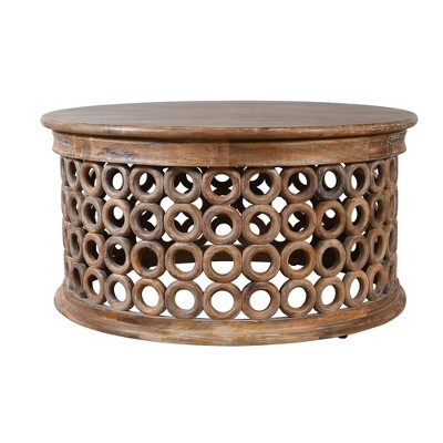HomeRoots 39" Brown Solid Wood Round Distressed Drum Coffee Table