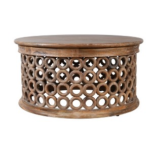 HomeRoots 39" Brown Solid Wood Round Distressed Drum Coffee Table - 1 of 4