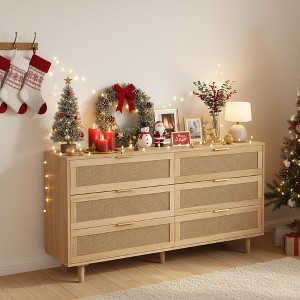 Homy Casa 6 Drawer Rattan Storage Cabinet with Wood Frame and Brass Handles, Natural Oak - 1 of 4