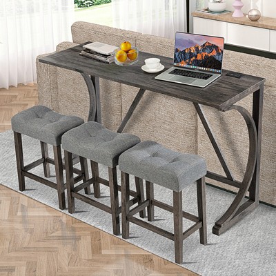 Aukfa 4-Piece Bar Table Set with Built-In Power Outlet & 3 Padded Stools，for Living Room, Dining Room, Game Room