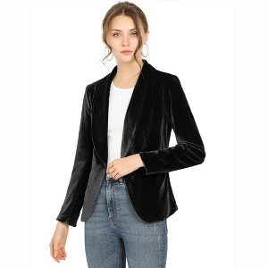 INSPIRE CHIC Women's Office Solid Shawl Collar Jetted Pockets One Button Velvet Blazer - 1 of 4