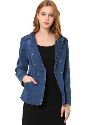 Allegra K Women's Regular Fit Casual Lapel Long Sleeve Denim Pockets Blazer