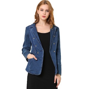Allegra K Women's Regular Fit Casual Lapel Long Sleeve Denim Pockets Blazer - 1 of 4