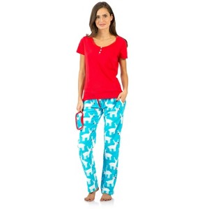 Ashford & Brooks Women's Cotton Top Eye mask & Coral Fleece Pants Pajama Set - Red Light Blue - XX-Large - 1 of 4