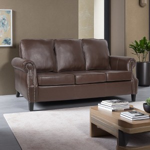 Contemporary PU Leather 3-Seater Sofa with Nailhead Trim & Wood Frame - 1 of 4