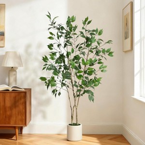 Ficus Trees Artificial Indoor,4/5/6FT Tall Faux Ficus Tree with Planter & Green Fake Moss,Artificial Plants with Natural Wood Trunk & Lifelike Fruits - 1 of 4