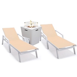 LeisureMod Marlin Patio Lounge Chairs with Arms and Fire Pit Side Table - White Trim, Set of 2 - 1 of 4