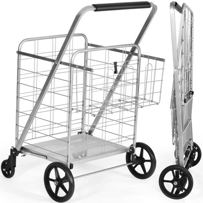 Folding Shopping Cart Jumbo Double Basket Grocery Cart with Wheels Black Silver