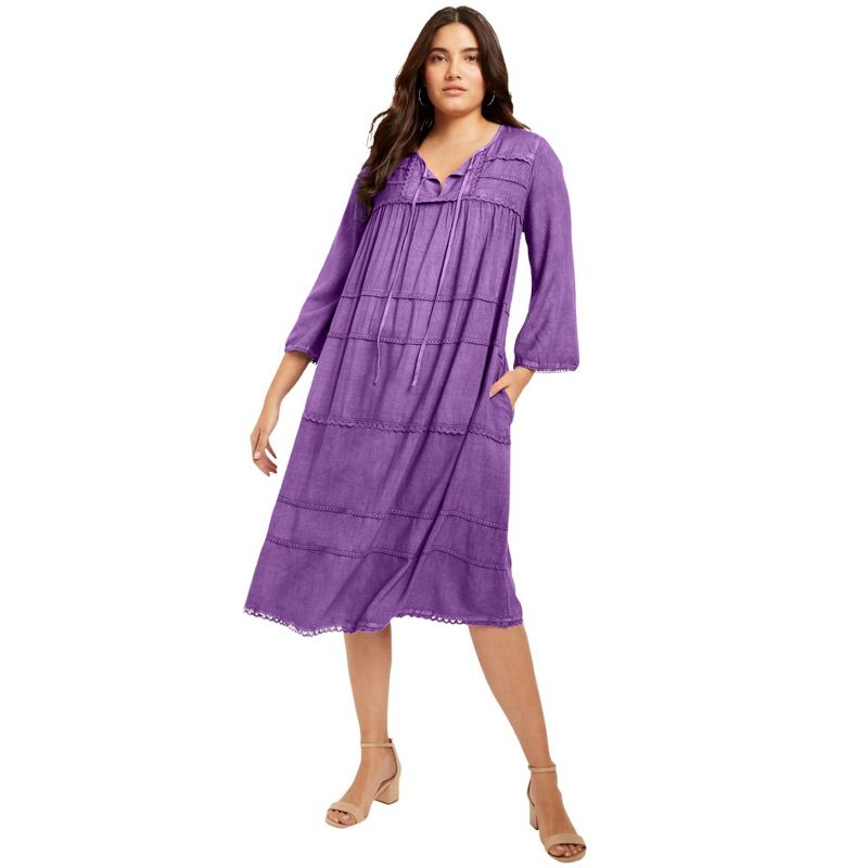 June + Vie by Roaman's Women's Plus Size Acid Wash Peasant Dress, 1 of 2