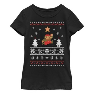 Girl's Nintendo Ugly Christmas Mario Jump Star T-Shirt - 1 of 3