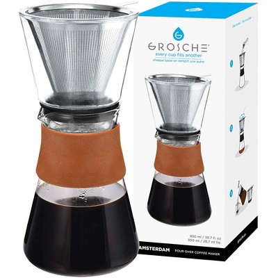 GROSCHE AMSTERDAM Pour Over Coffee Maker with Double Layer Permanent Stainless Steel Coffee Filter, 28.7 fl oz. Capacity