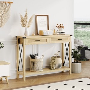 Coucheta Rattan Console Table for Living Room, Farmhouse Entryway Table with 2 Drawers, Sofa Table with Storage Shelf, Rustic Wooden Side Table - 1 of 4