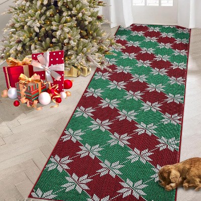 GustoWave Christmas Geometric Throw Area Rugs, Non Slip Machine Washable, Green+Red