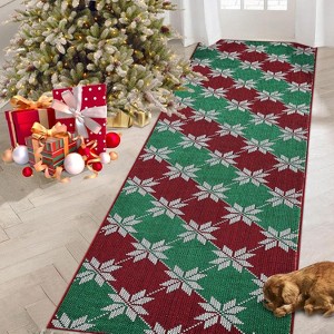 GustoWave Christmas Geometric Throw Area Rugs, Non Slip Machine Washable, Green+Red - 1 of 4