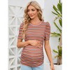 Women's Maternity Shirts Pregnancy Casual Floral Printed Tops Puff Short Sleeve Striped Ruched Side Tunic Top - 2 of 4